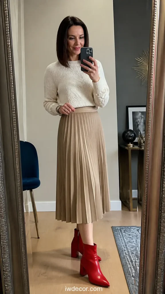 Red Ankle Boots with a Neutral Midi Skirt