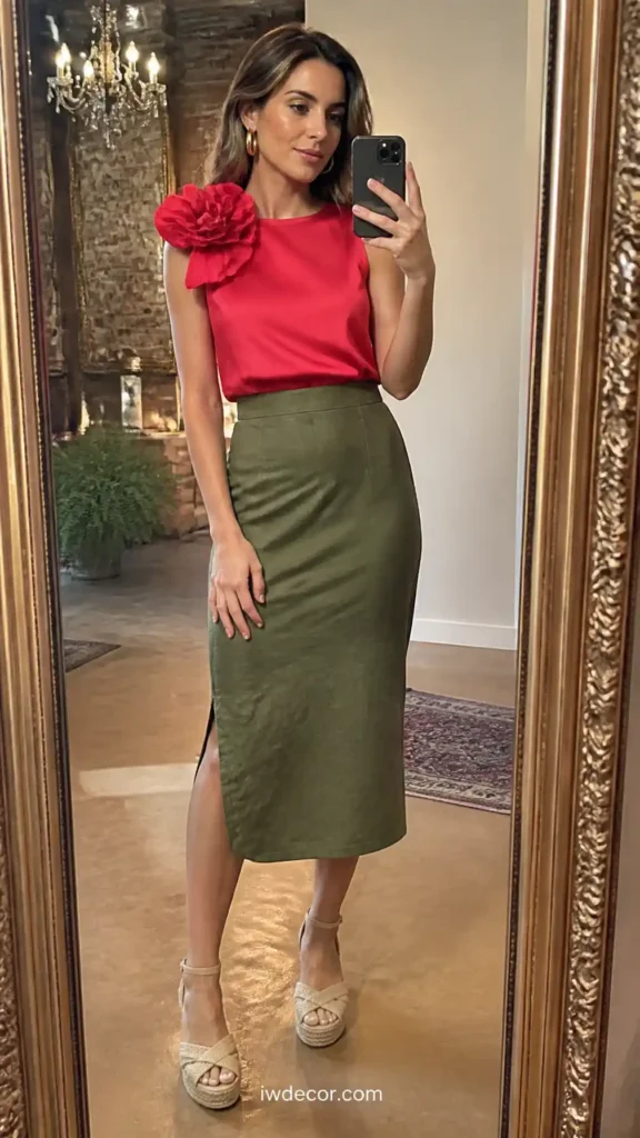 Red Floral-Accent Top with Olive Midi Skirt