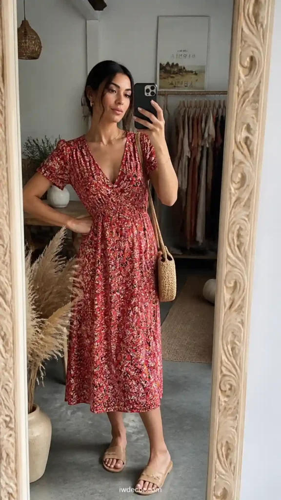 Red Floral Print Dress with Sandals