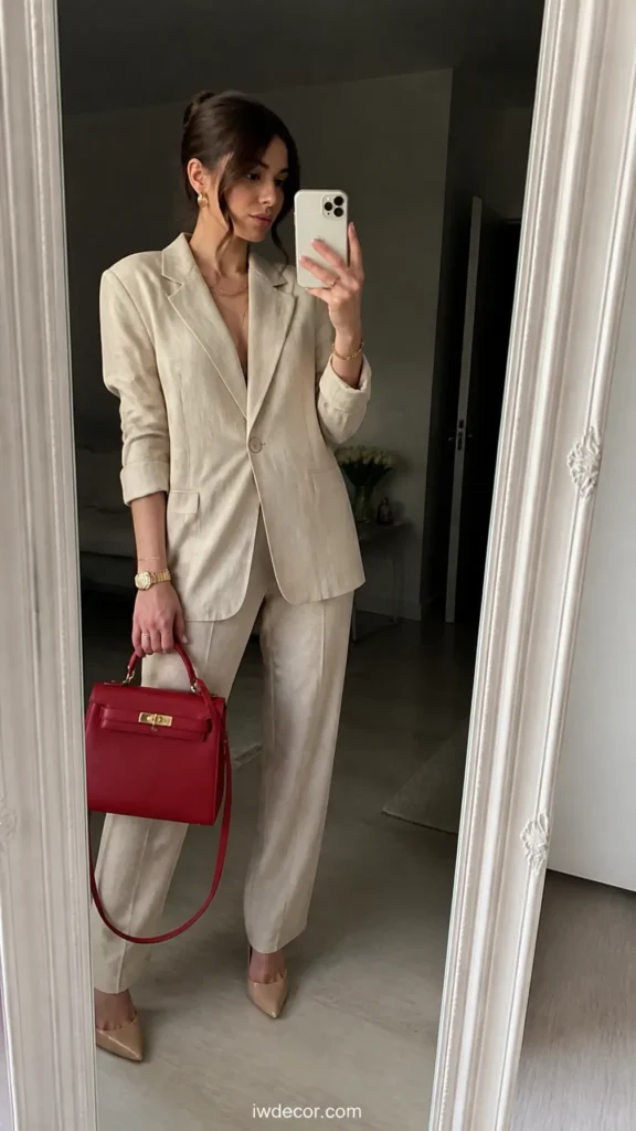 Red Handbag as a Pop of Color with a Beige Suit