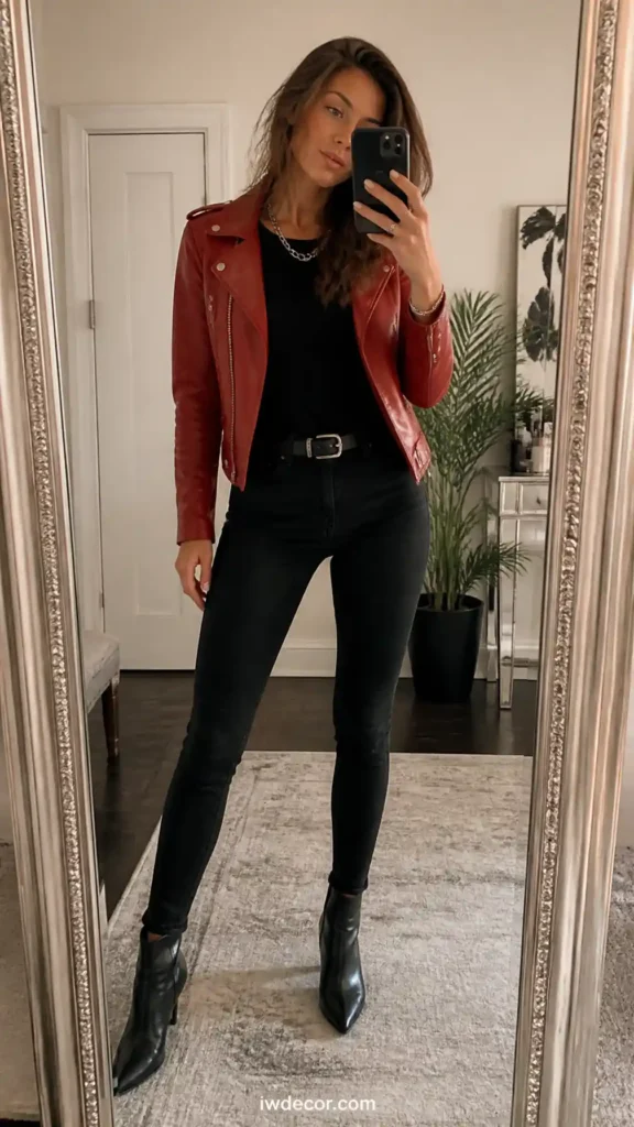 Red Leather Jacket with Black Skinny Jeans
