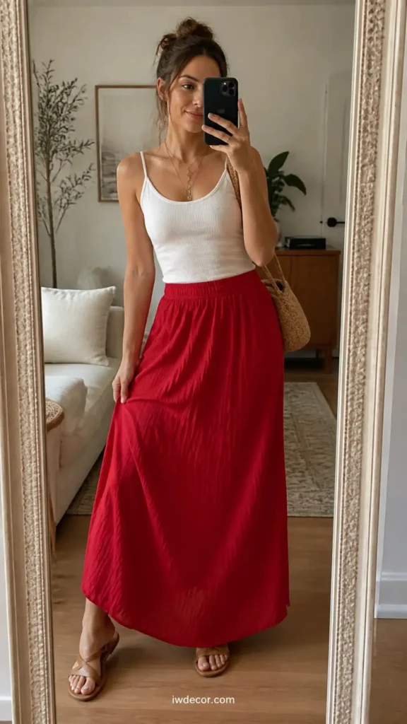 Red Maxi Skirt with a Simple White Cami