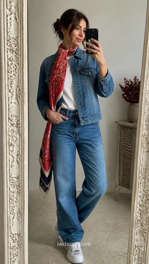 Red Patterned Scarf with a Denim Jacket