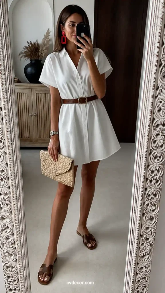 Red Statement Earrings with a White Shirt Dress