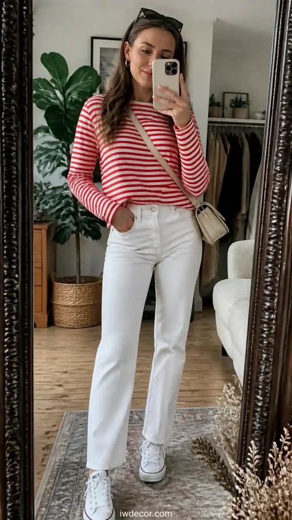 Red Striped Top with White Jeans