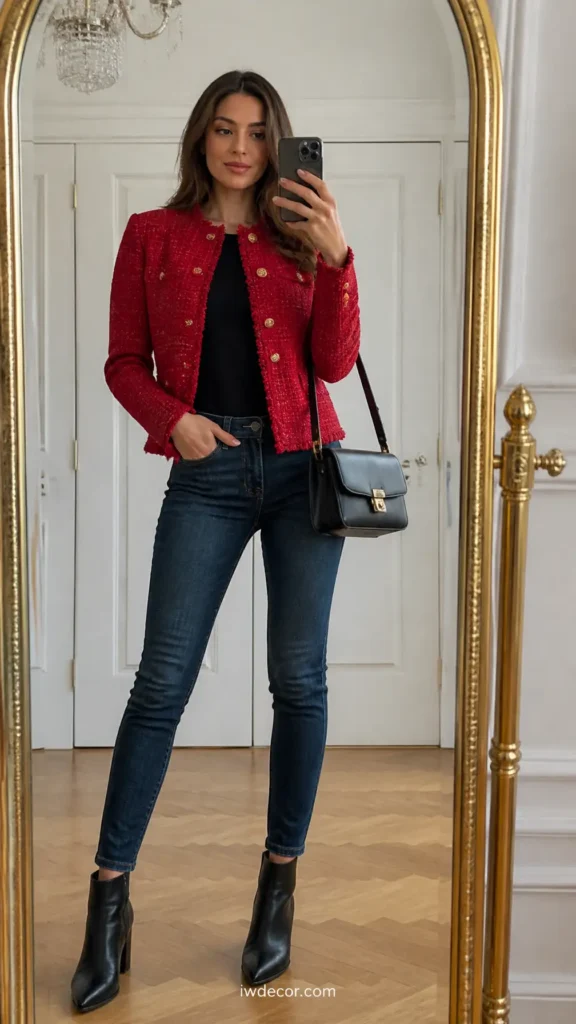 Red Tweed Jacket with Dark Denim