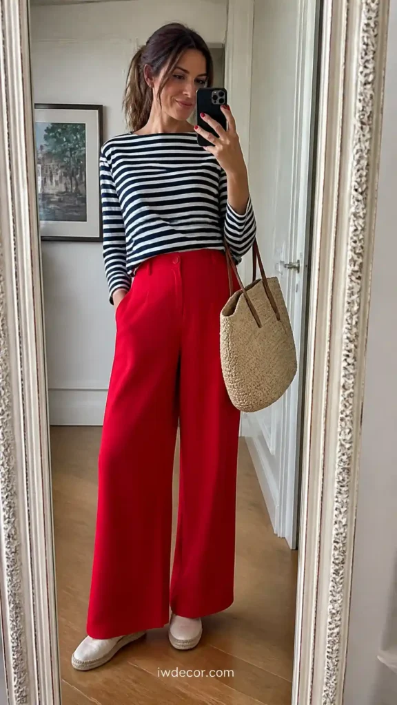 Red Wide-Leg Trousers with a Nautical Striped Top