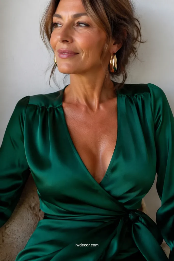 Regal Emerald Green Wrap Dress with Gold Accents