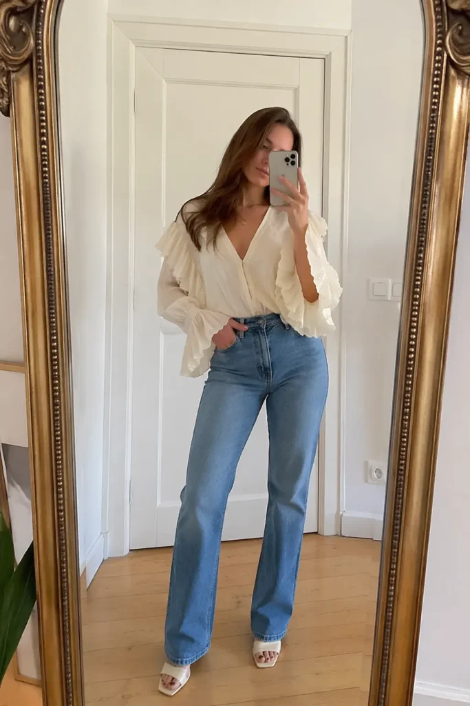 Ruffle Sleeve Blouse and Jeans