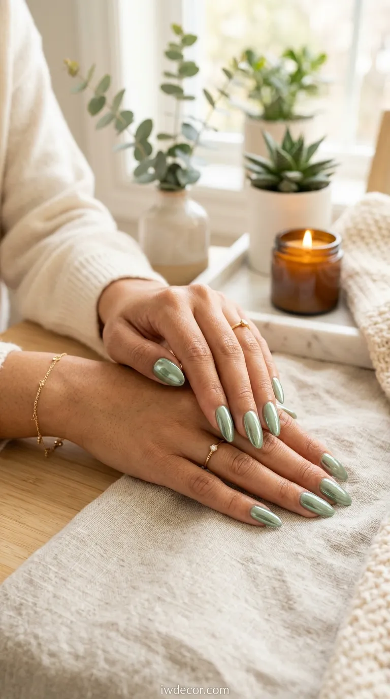 Sage Green Chrome Nails