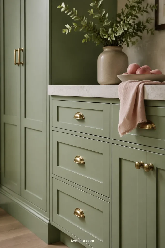 Sage Green Kitchen with Blush Accents and Brass Hardware