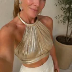 Shimmering Metallic Gold Halter Top + Flowy Skirt