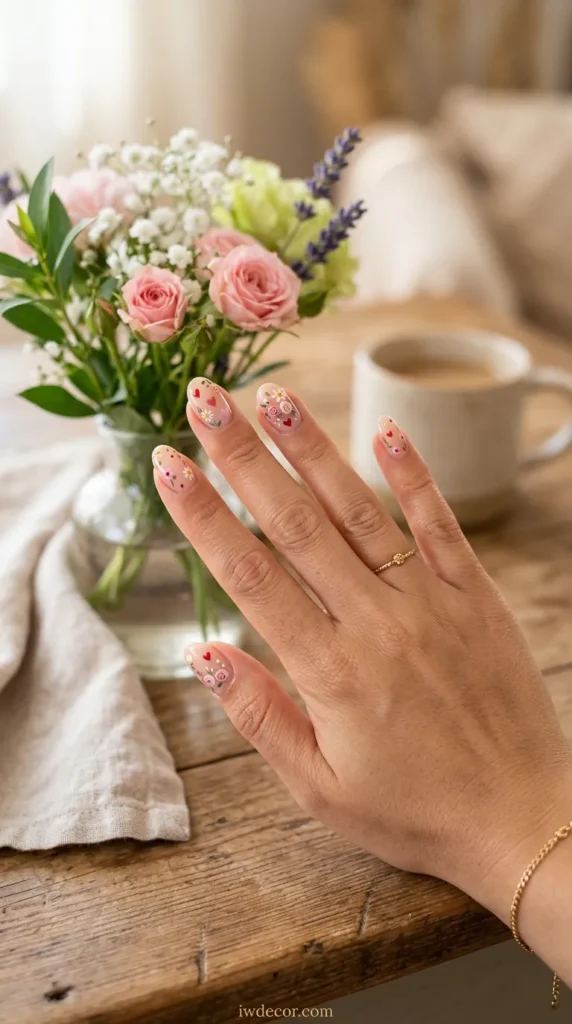 Soft Floral Nail Art with Hearts