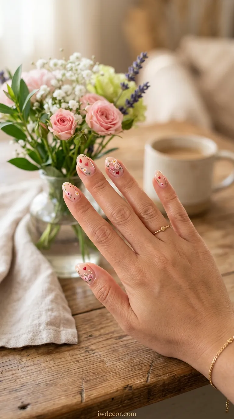Soft Floral Nail Art with Hearts