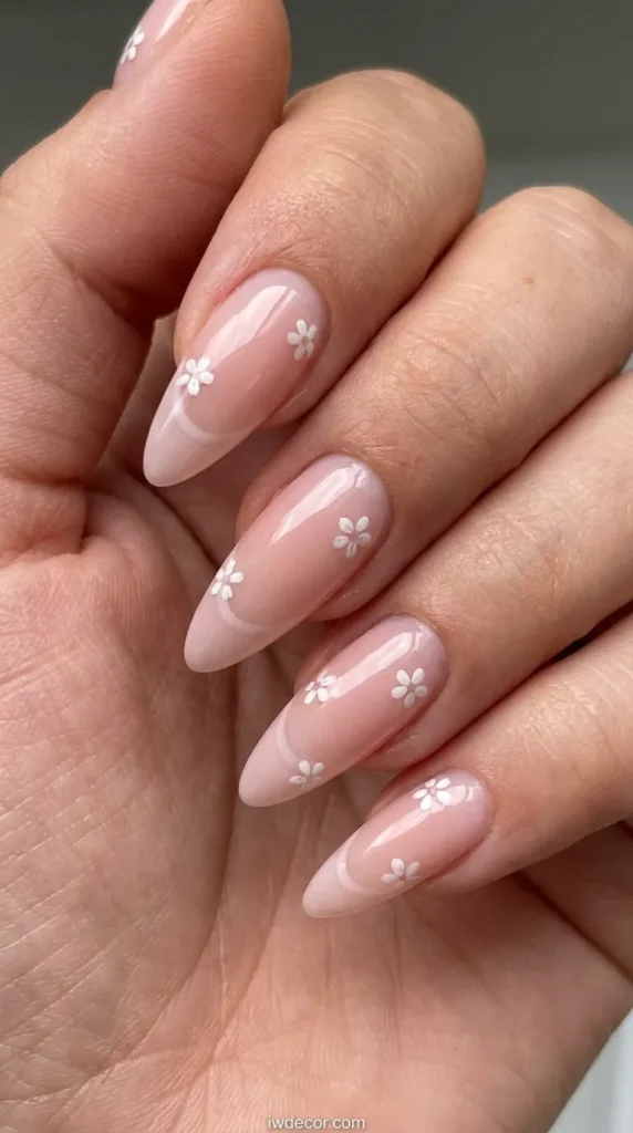 Soft Pink Floral French Stiletto Nails