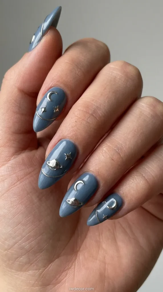 Steel Blue Celestial Stiletto Nails