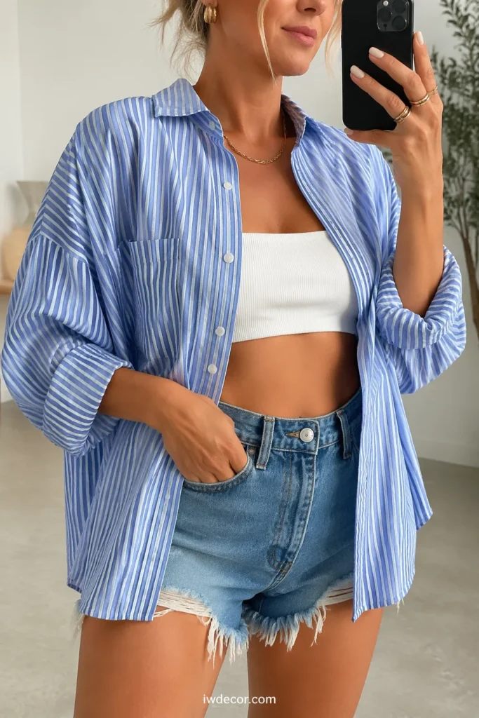 Striped Linen Shirt + Denim Shorts