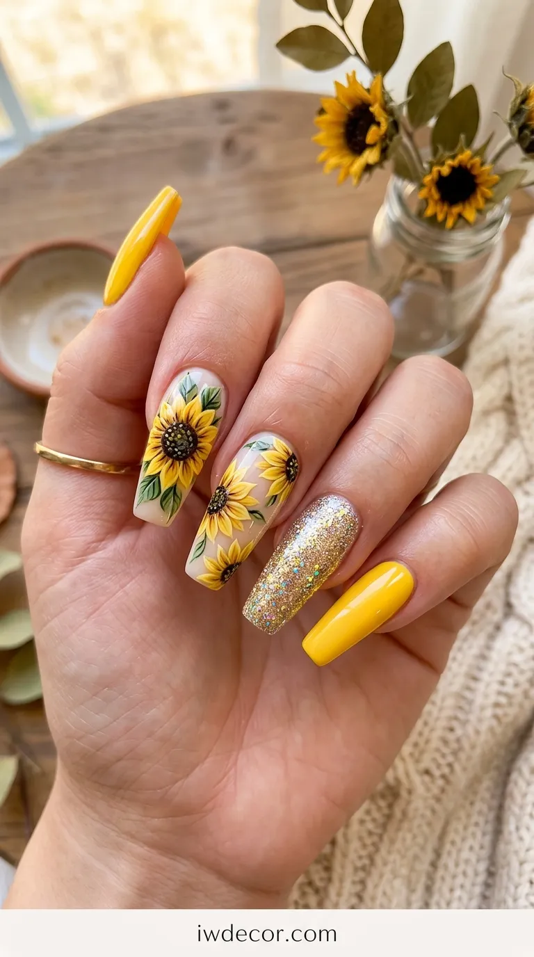 Sunflower Acrylic Nails Full Set