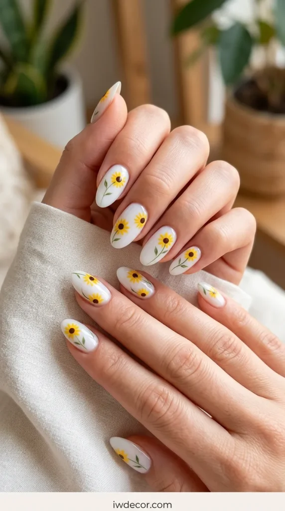 Sunflower Nails with Green Leaves