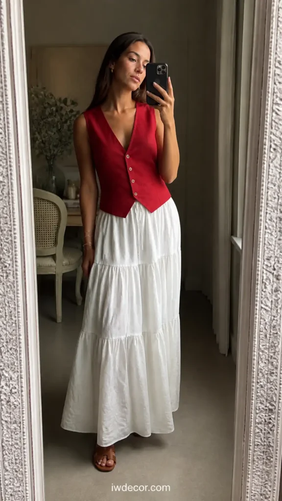 Tailored Red Vest Top with Voluminous White Maxi Skirt