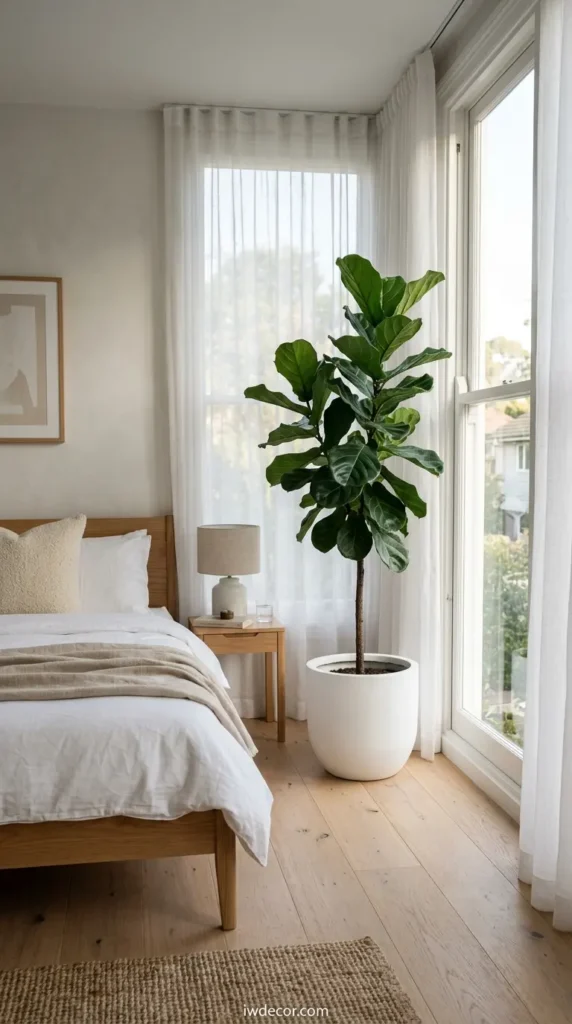 Tall fiddle leaf fig plant in a matte white ceramic pot beside a large window with sheer white curtains, Scandinavian bedroom, soft morning light, wooden floorboards visible