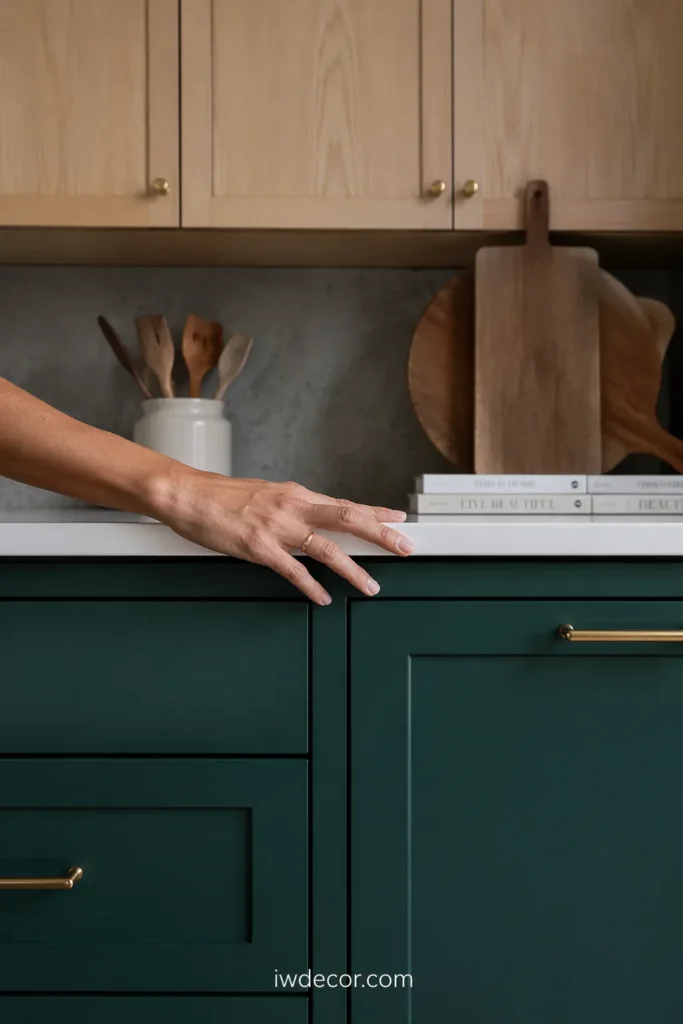 Teal Green Lower Cabinets with White Oak Uppers