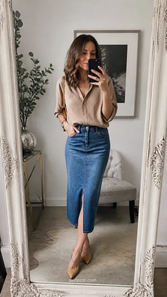 Textured Blouse & Denim Midi