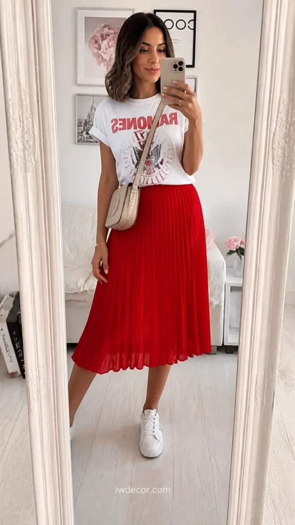 Vibrant Red Pleated Skirt with a Graphic Tee