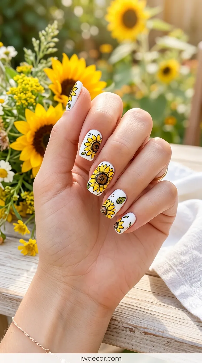White Base Sunflower Nails