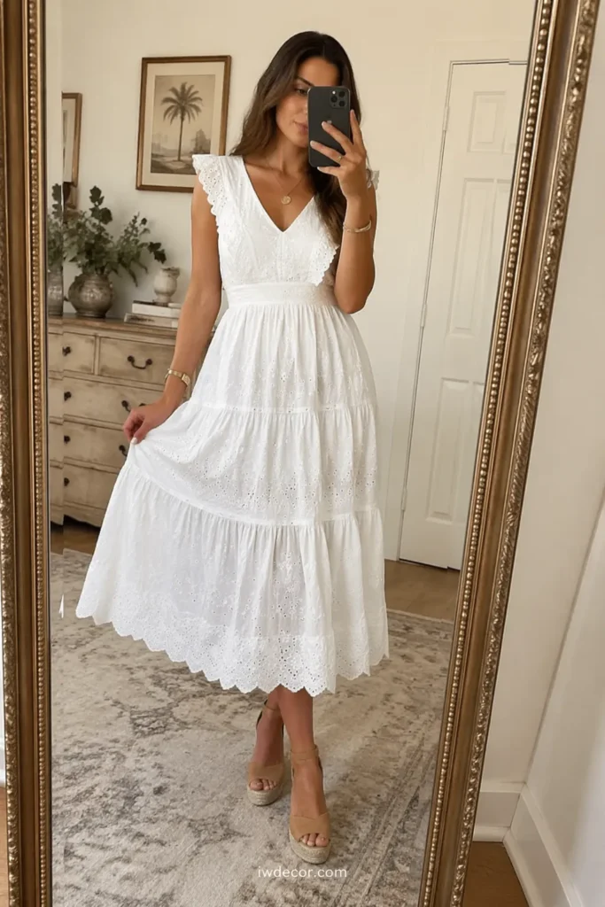 White Eyelet Dress + Espadrille Wedges