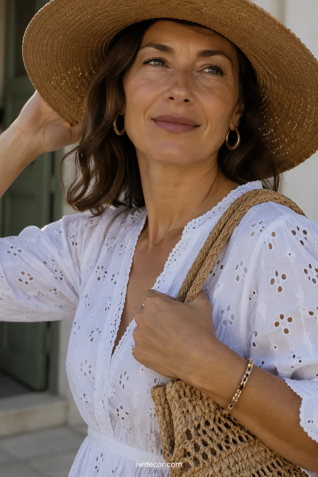 White Eyelet Dress with Straw Accessories