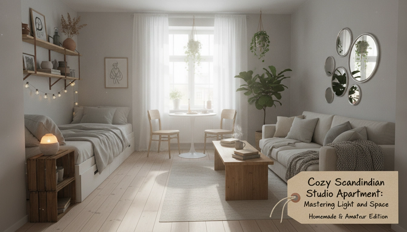 A real-life cozy scandinavian studio apartment showing open floor space and low wooden furniture in warm natural daylight.