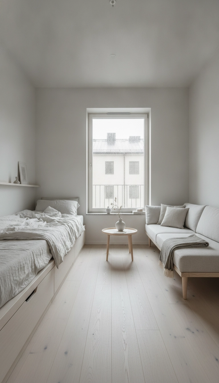 A cozy scandinavian studio apartment with low-profile birch furniture and clear sightlines toward a bright window.