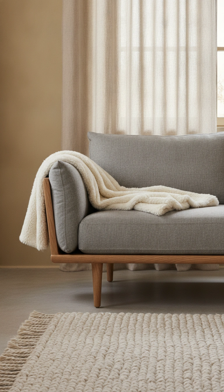 Tactile textiles like woven wool and slubbed linen inside a cozy scandinavian studio apartment.