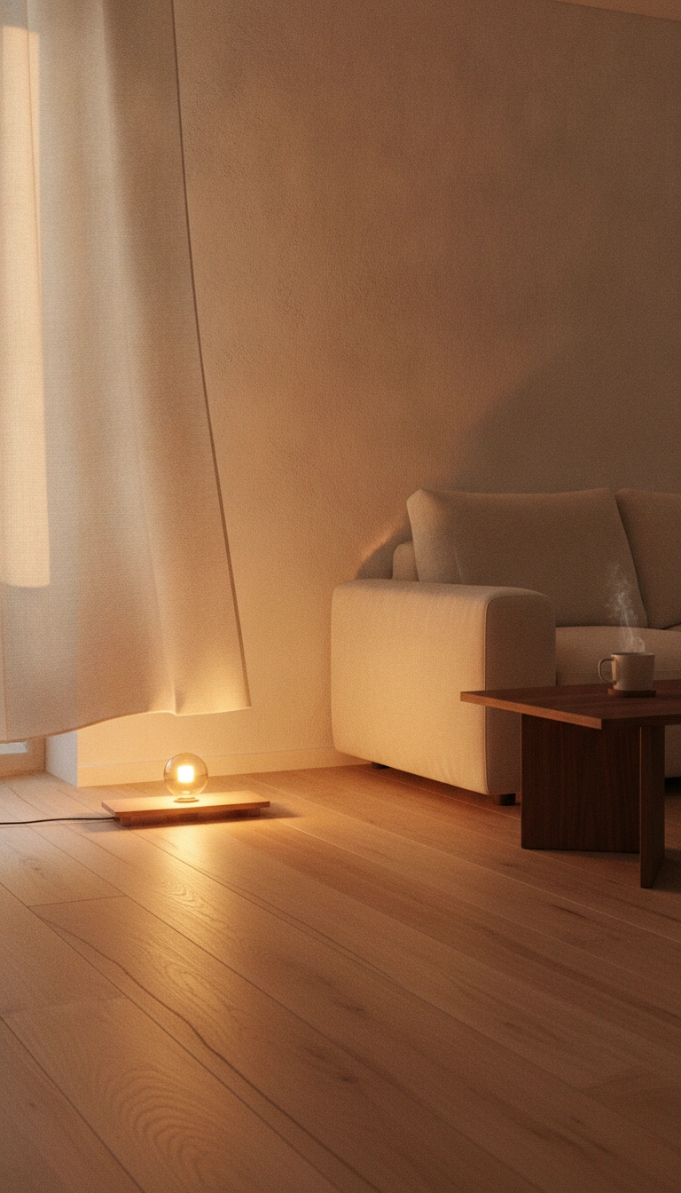 Warm floor lamp lighting casting soft illumination on wood grain floors in a cozy scandinavian studio apartment.