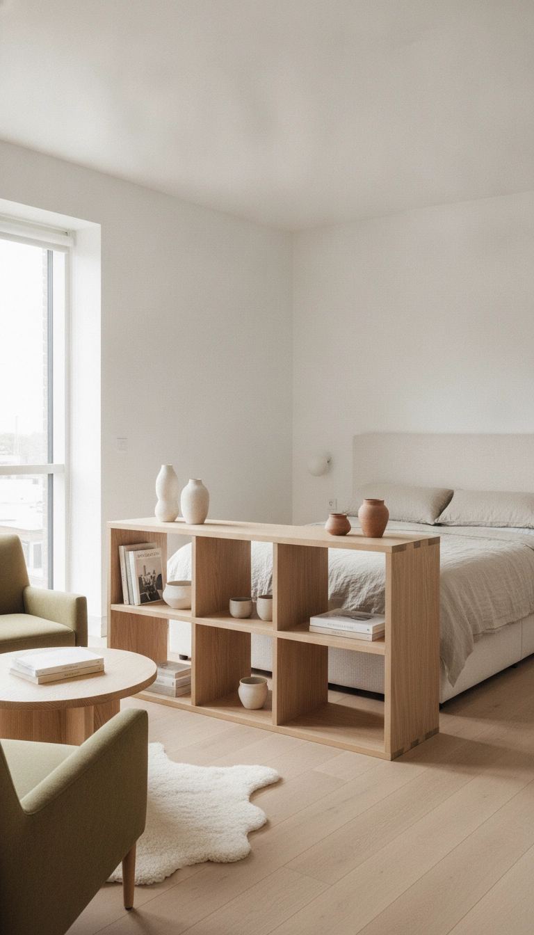 Open-backed shelving unit zoning a cozy scandinavian studio apartment between sleeping and living areas.