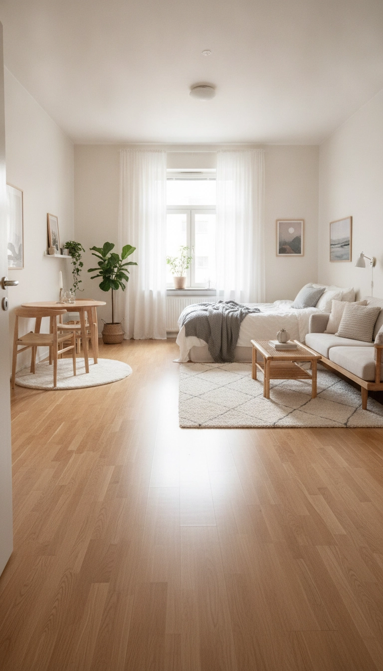 Uncluttered and airy cozy scandinavian studio apartment viewed from the entryway.