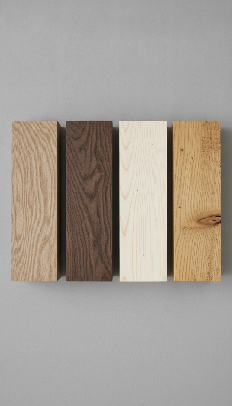 Wood grain samples of oak walnut birch and pine for custom scandinavian wooden furniture