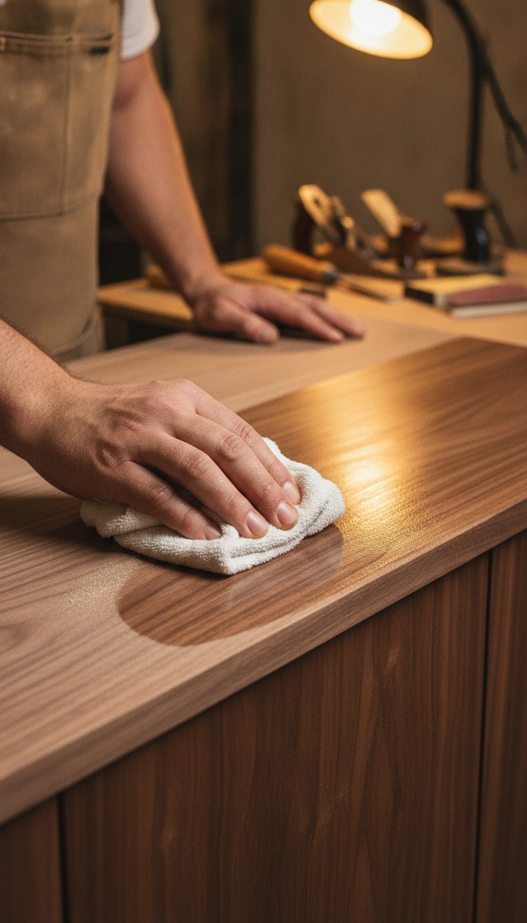 Craftsman applying natural hardwax oil to custom scandinavian wooden furniture