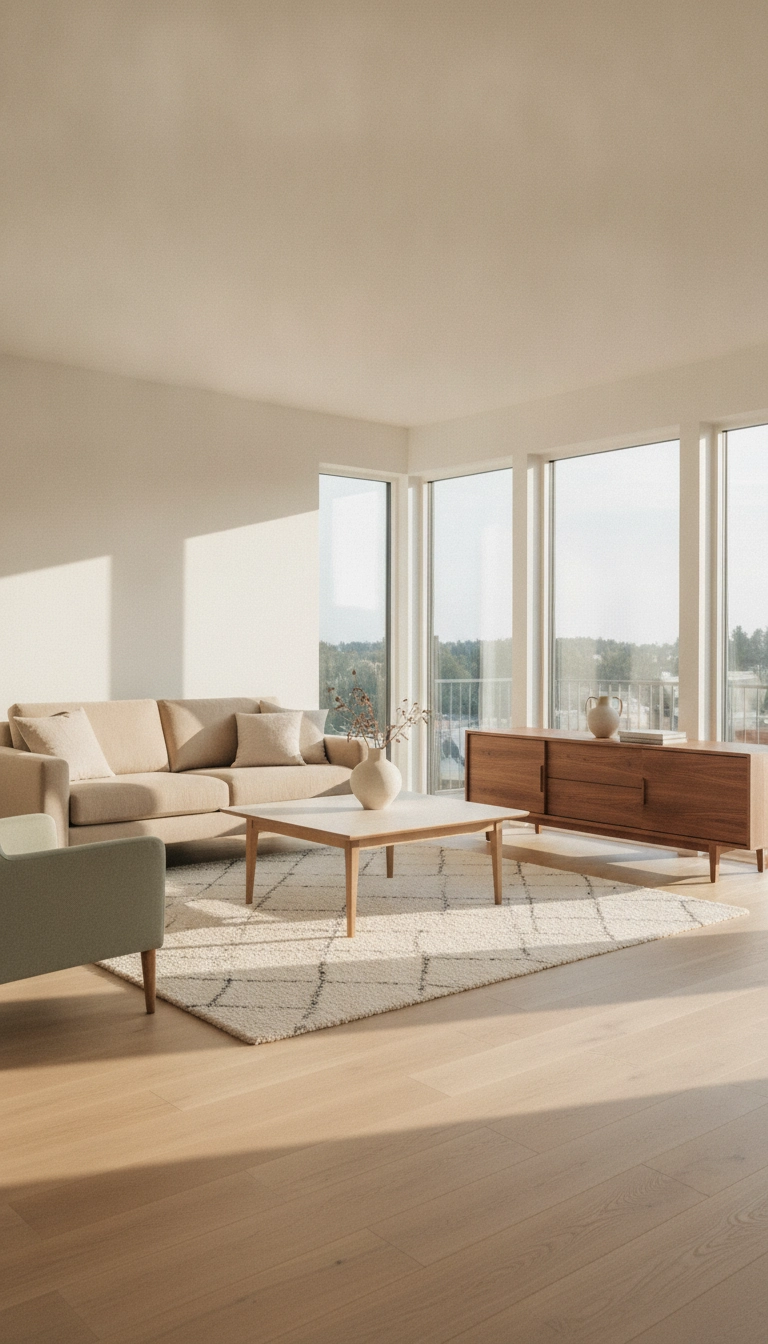 Balanced modern living space furnished with custom scandinavian wooden furniture