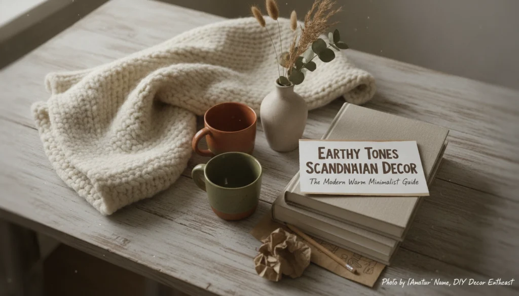 A living room featuring earthy tones scandinavian decor with warm oak furniture and terracotta accessories.