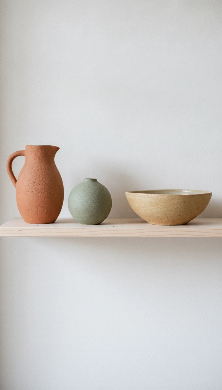 Muted sage and clay ceramics sitting on a pale birch shelf illustrating earthy tones scandinavian decor.