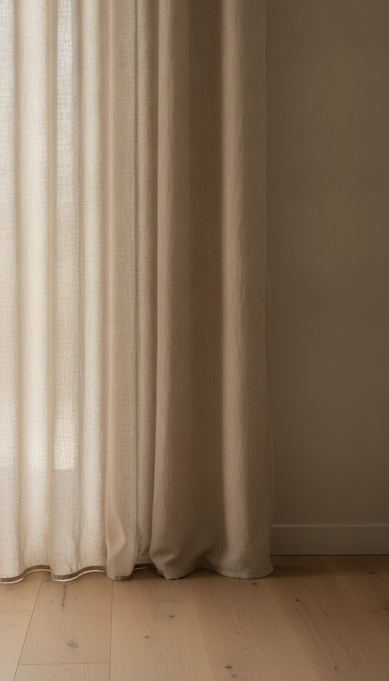 A greige living room wall paired with unbleached linen curtains and warm wooden flooring.