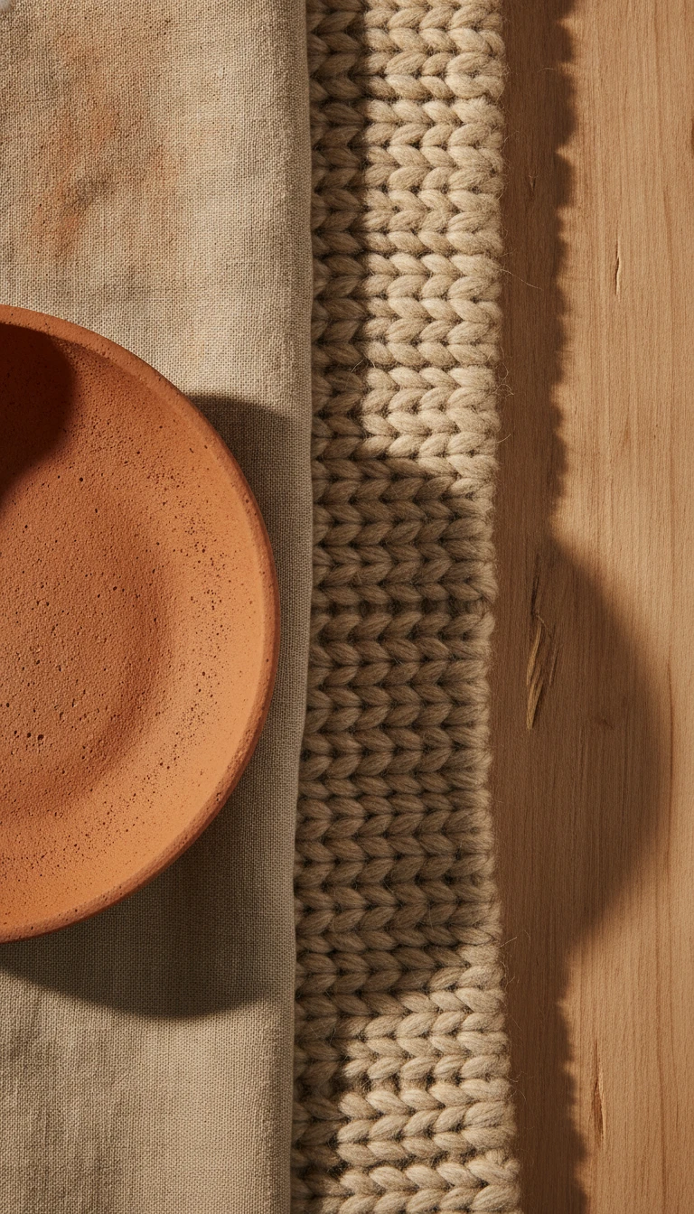 Textured wool throw and unglazed clay vase draped over a raw wood chair.