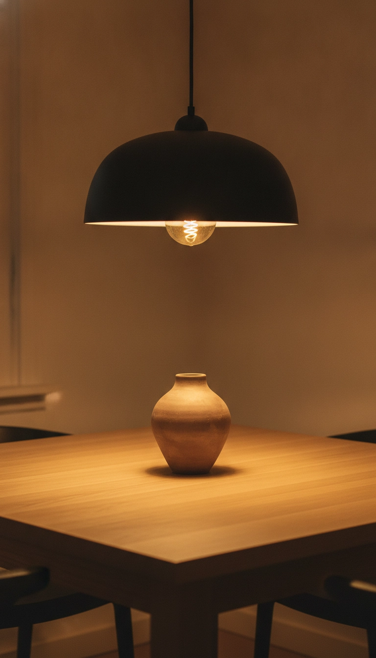 Low warm pendant lamp casting a soft amber light on a handcrafted ceramic bowl.