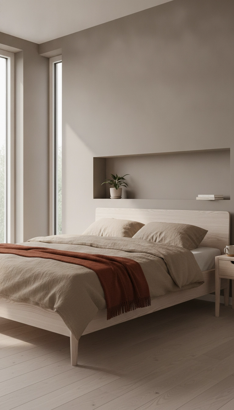 Modern Scandinavian bedroom styled with sand sheets and a terracotta throw blanket.
