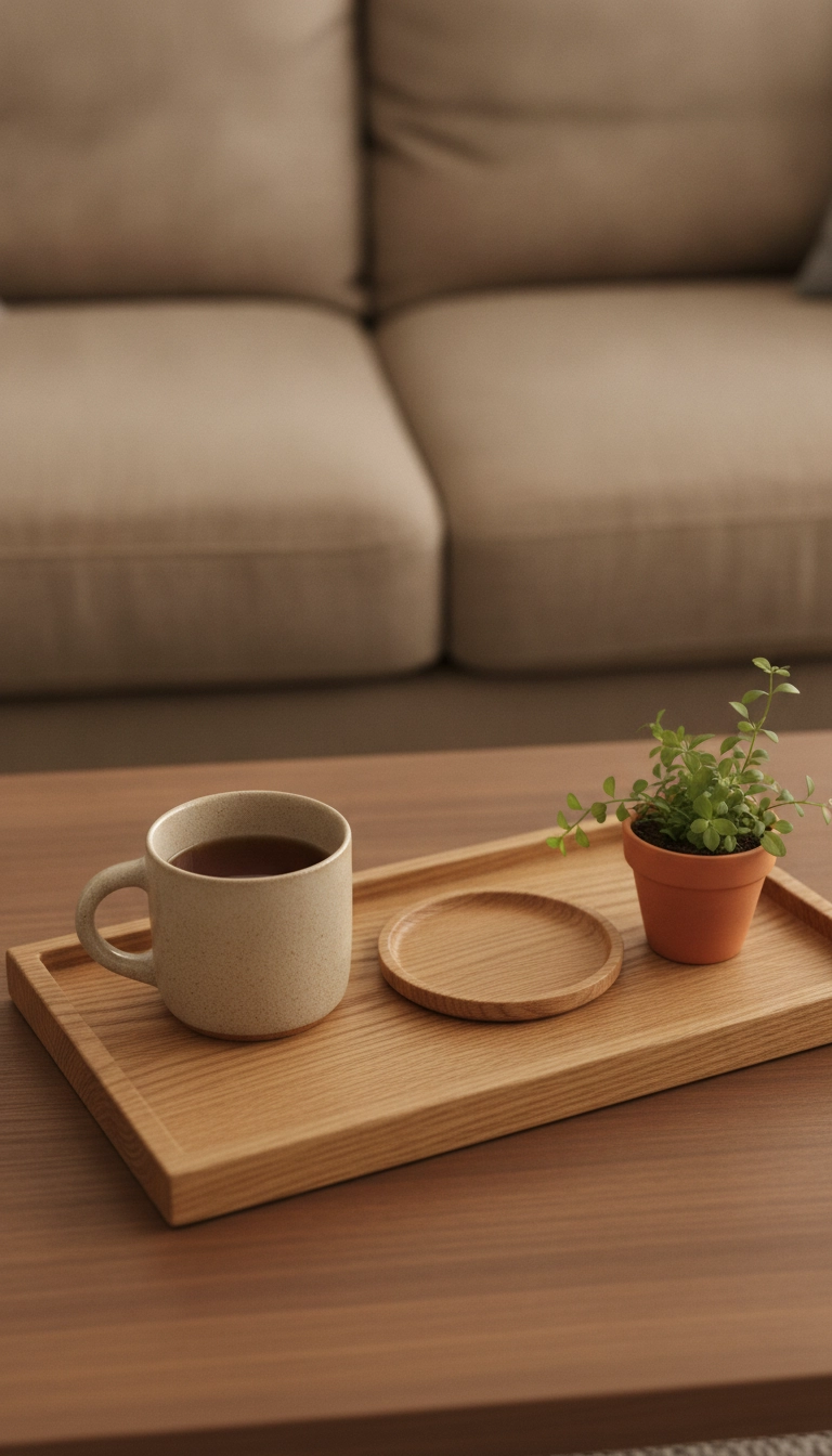 A wooden coffee table tray with a small plant and warm linen throw pillows.