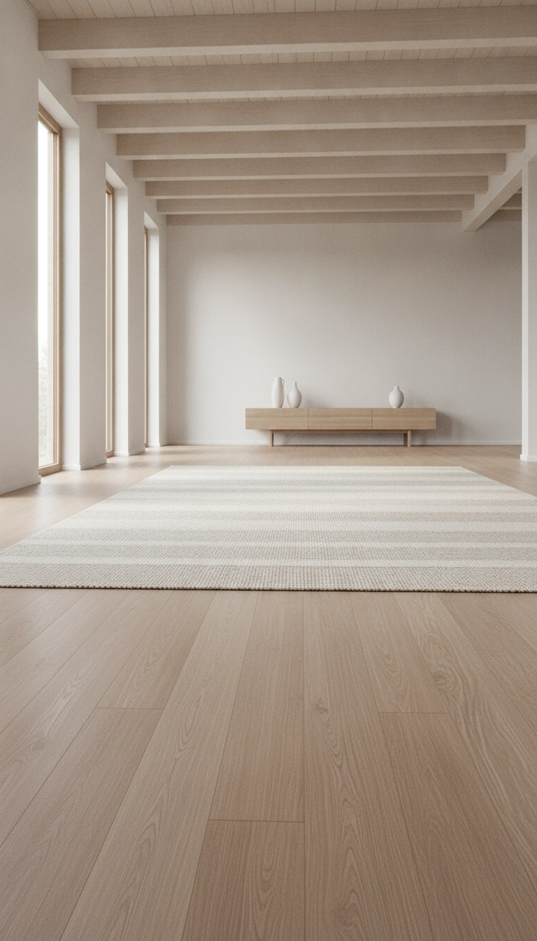 A bone-colored neutral scandinavian rug lying flat on light hardwood floors beneath ceiling beams.