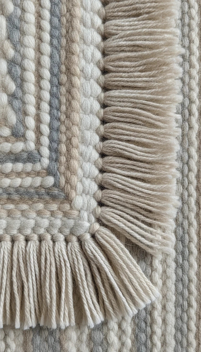 Close-up of hand-woven fringe and edge details on authentic neutral scandinavian rugs made of natural fibers.