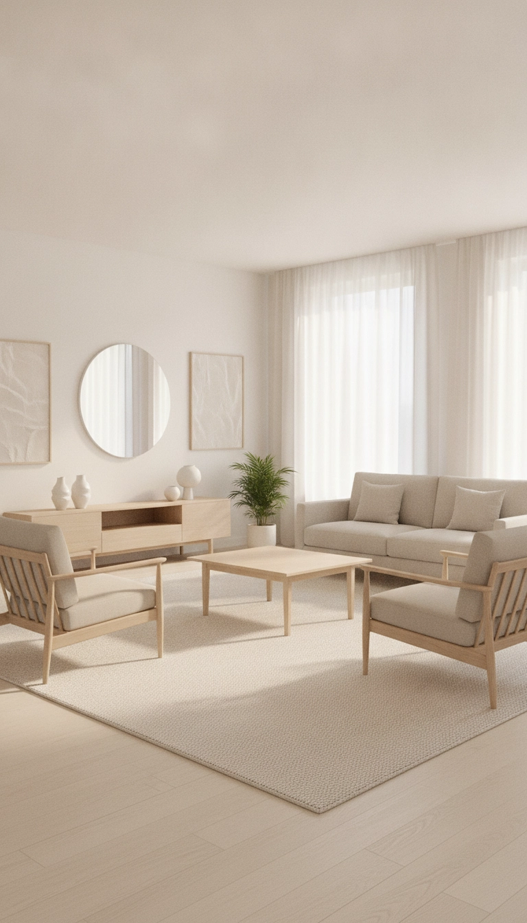 A harmonious room setup featuring neutral scandinavian rugs, pale wood, and soft natural light.